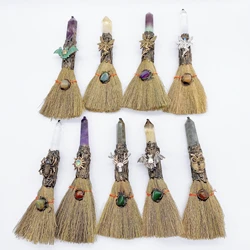 Crystal Magic Broom Natural Amethyst Point Craft Witch Broomstick Divination Energy Reiki Healing Home Decoration Gift