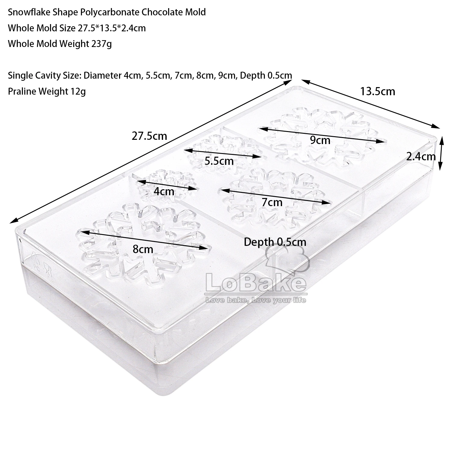 5 Wells Different Size Snowflake Shape Polycarbonate Chocolate Mold Snow Flower Candy Sugarcraft Making DIY Sugarcraft Supplies