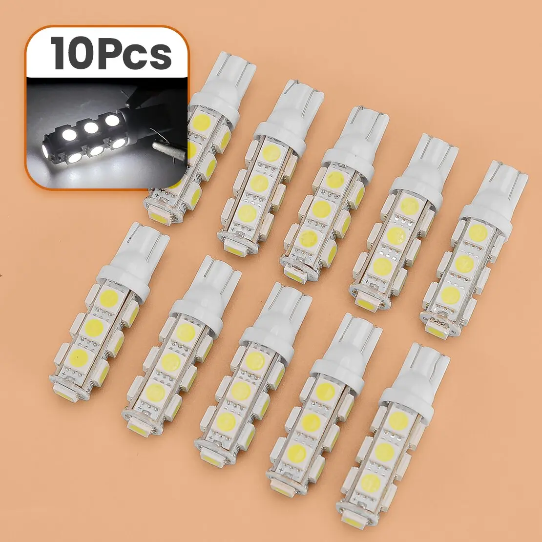 10Pcs White T10 5050 W5W 13SMD LED Light Lamp Bulb for RV Camper Car 193 194 2821 921 922 158 160 161 161B 168 168A 912 12V 5W