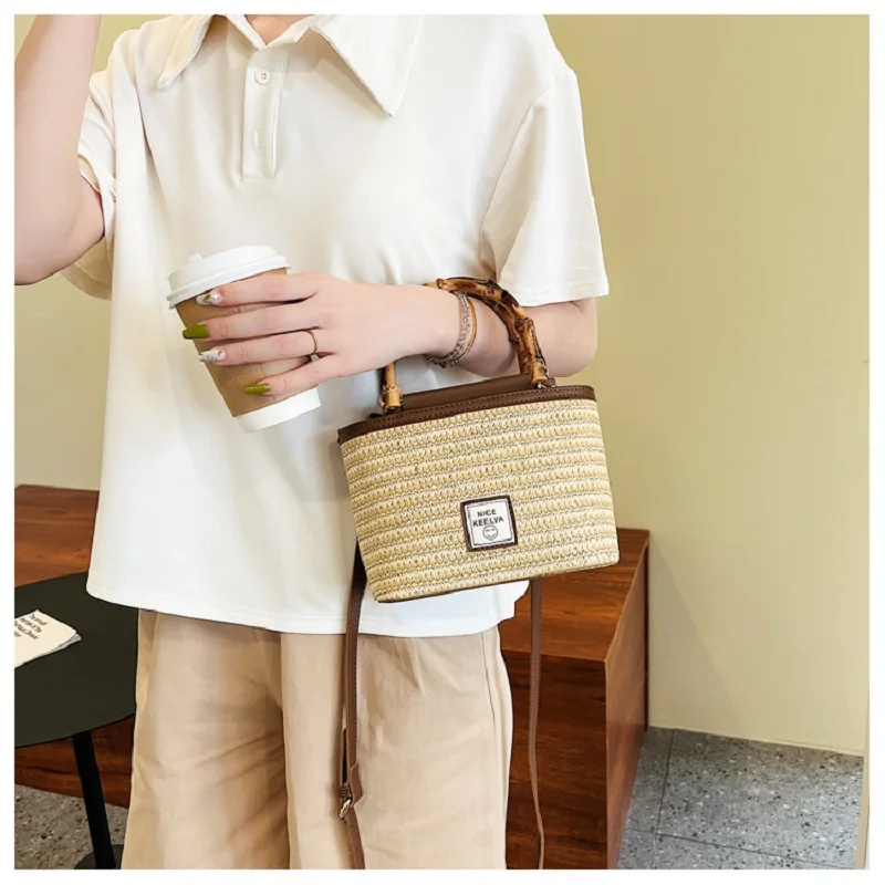 Designer Luxury Handbags Small Straw Bucket Bags For Women 2023 Summer Lady Travel Purses Female Shoulder Crossbody Bag Bolsa