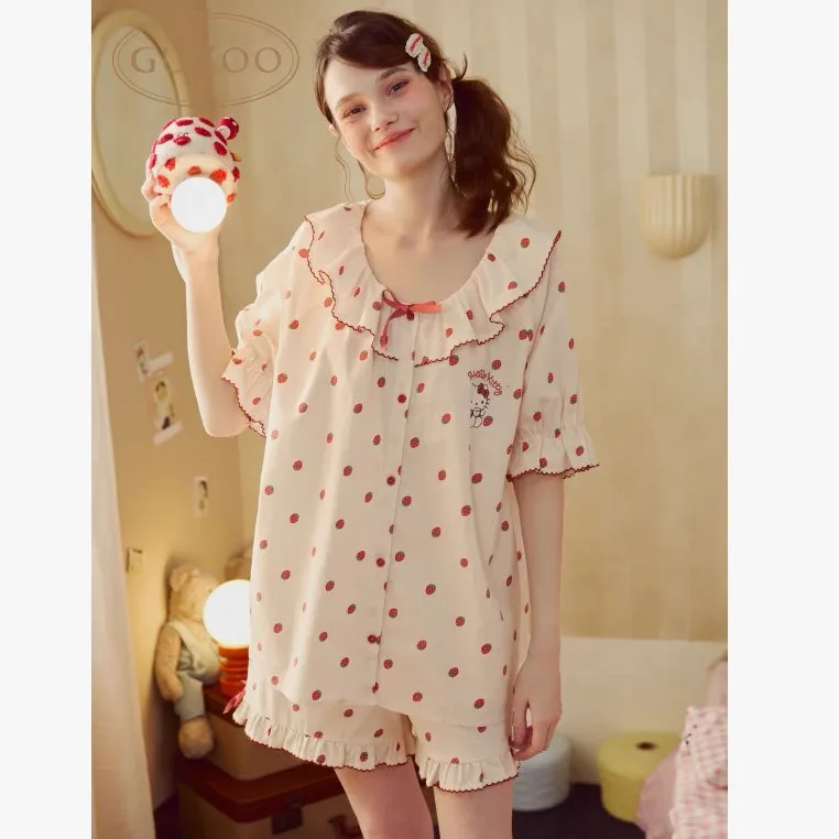 New Hello Kitty Summer Pajamas Set Women Girl Sleepwear Cartoon Anime Summer New Cute Lightweight Comfort Breath Short Sleeve