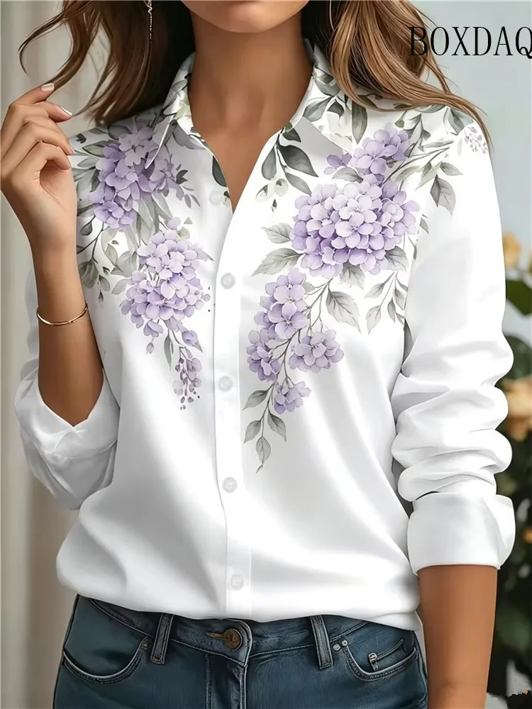 New Women's Shirt Long-Sleeved Shirt 3D Printing Flower Pattern Long-Sleeved Lapel Clothing Fashion Casual Button Autumn Blouses