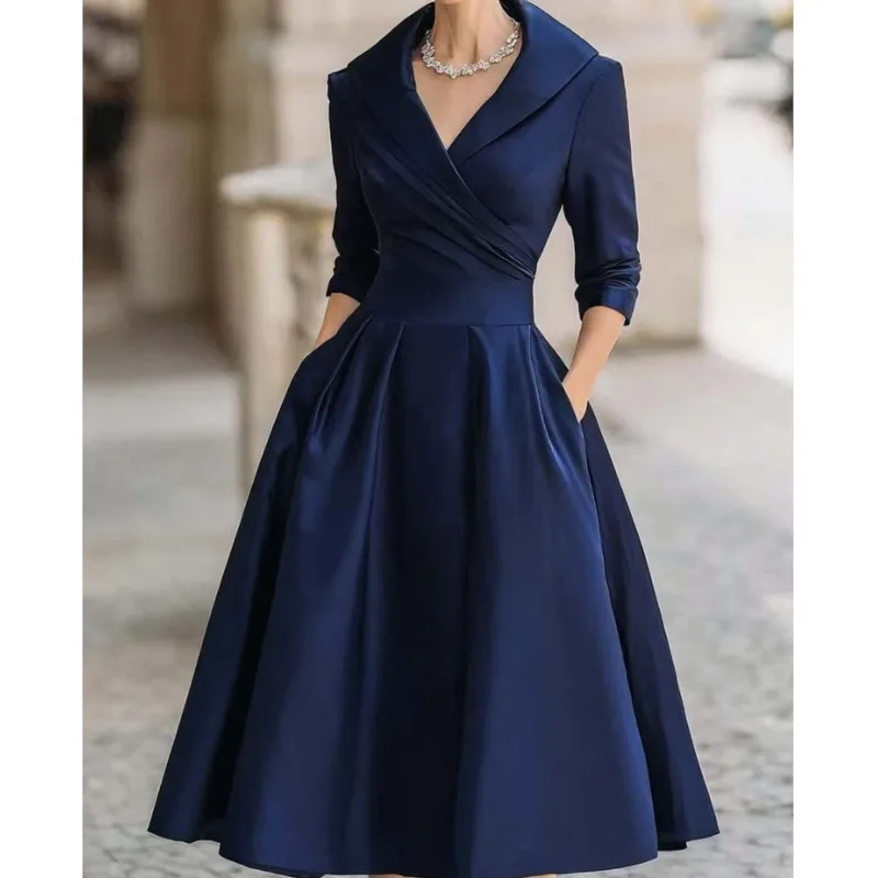 Fashion Temperament 2025 Women's Dress V-neck Long Sleeve Turn-down Collar Maxi Dresses Slim Waist Office Lady Wedding Vestidos