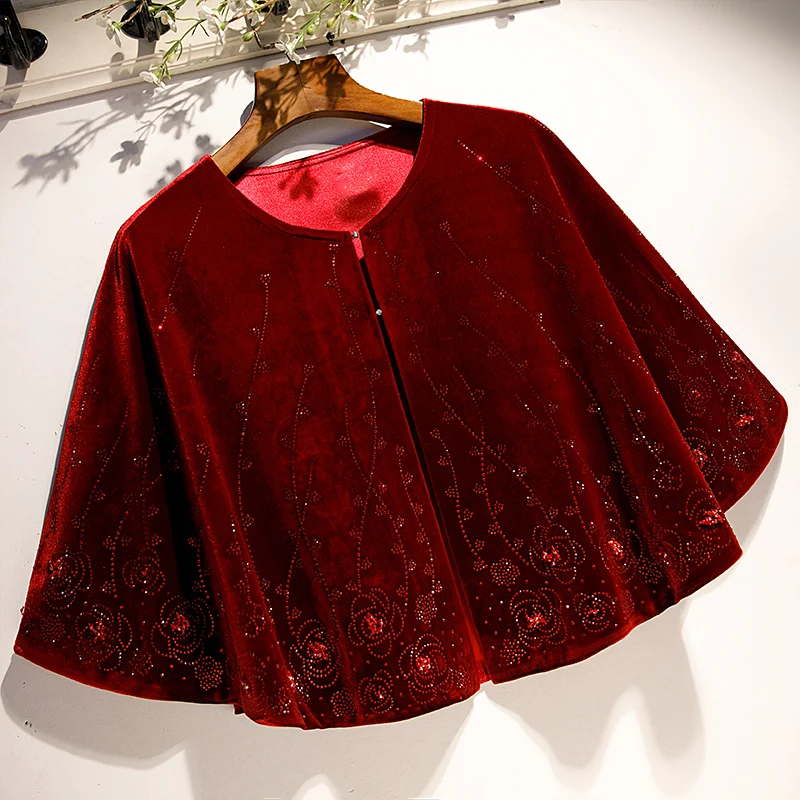 

New Handmade Bead Embellished Velvet Short Coat Women's Shawl Versatile Retro Style Golden Velvet Cloak Female Oute...