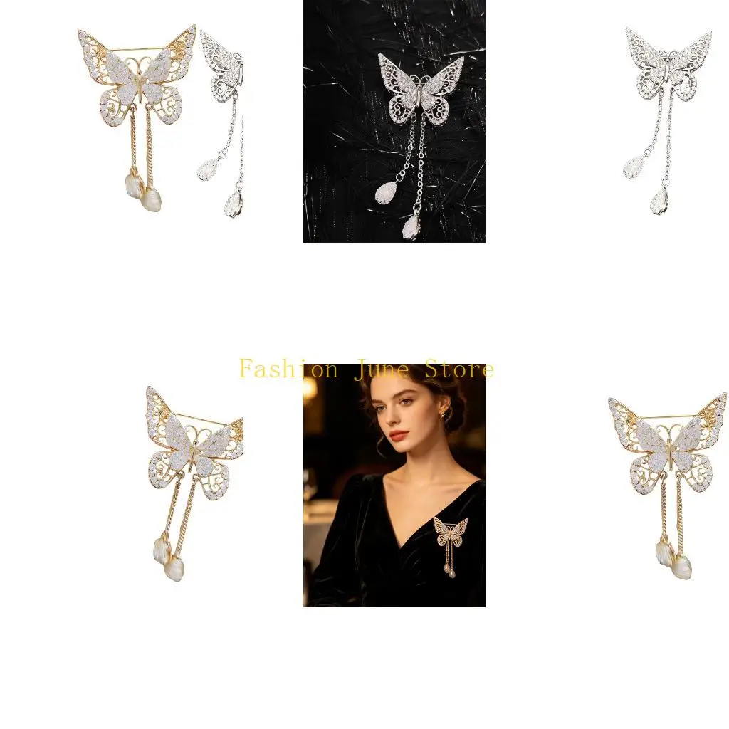 N5KA Openwork Butterfly Brooch With Chain Zinc Alloy Pin-Back Badge for Jackets, Shirts, Dresses, Scarves, Hats and Bags