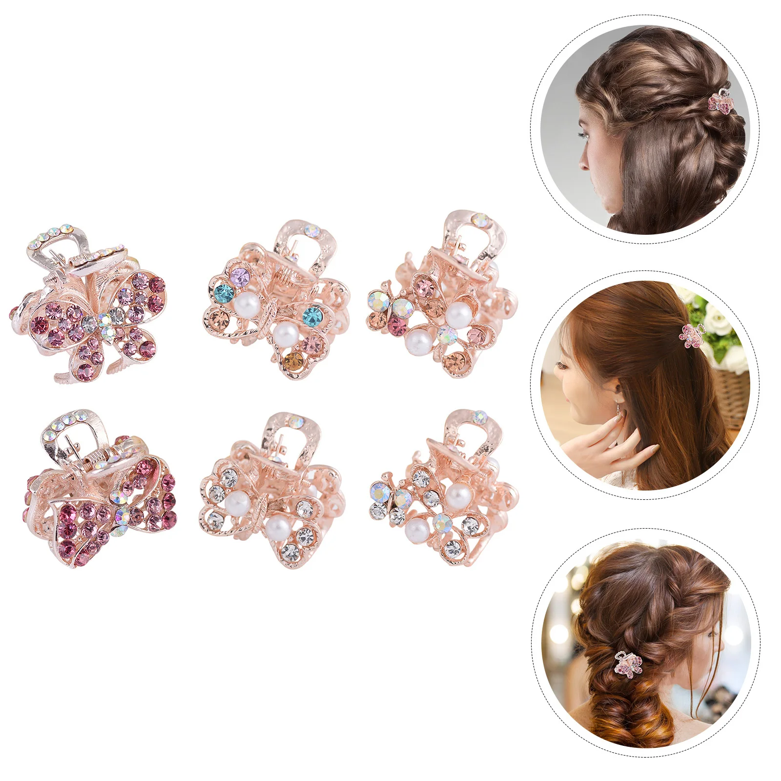 

6Pcs Rhinestone Mini Claw Hair Clips Metal Heart Bow Design Smooth Teeth No Damage Hair Styling Tools for Women Girls
