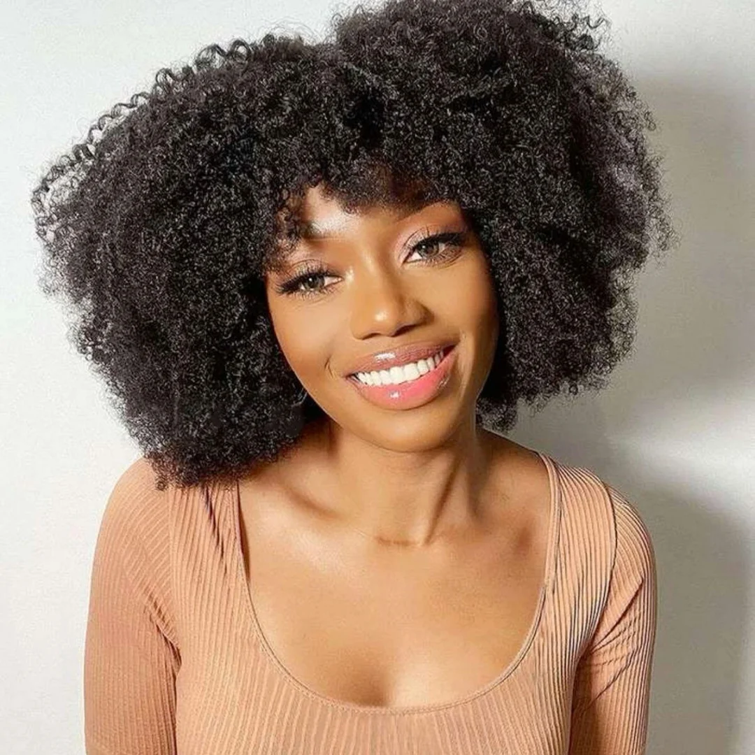 

Парик из натуральных волос Afro Kinky Curly с челкой для женщин, для ежедневного использования, бразильские волосы, машинная работа, парик с афро-кудрями и челкой, плотность 180%