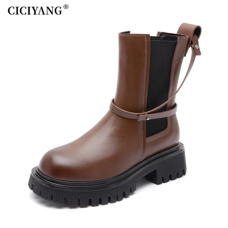 

Genuine Leather Chelsea Boots Women 2021 Winter New High-top Casual Retro Marton Boots Autumn Fashion Women's Ankle Boots Ladies