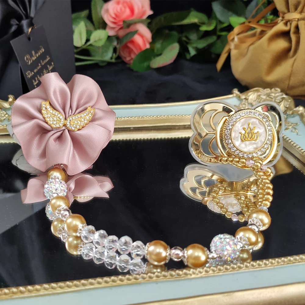 Dollbling Glam Luxury Rhinestones Gold Pacifier Personalized Name Dummy Any Image Initial Letter Pearly Marble Soother Clips image 2