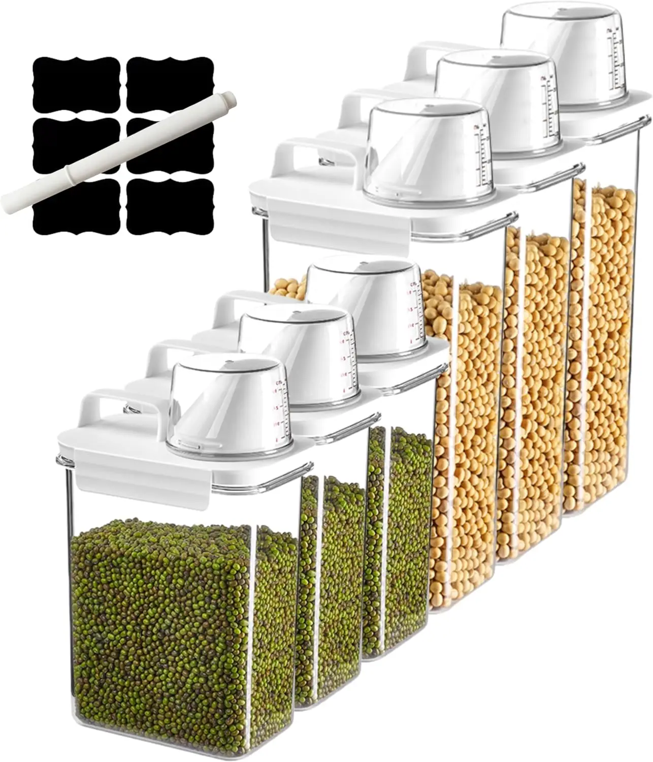 

Набор из 6 герметичных контейнеров для хранения круп, общий объем 417 унций (1800 мл и 2300 мл), для сухих продуктов, с крышками-дозаторами и мерным стаканом