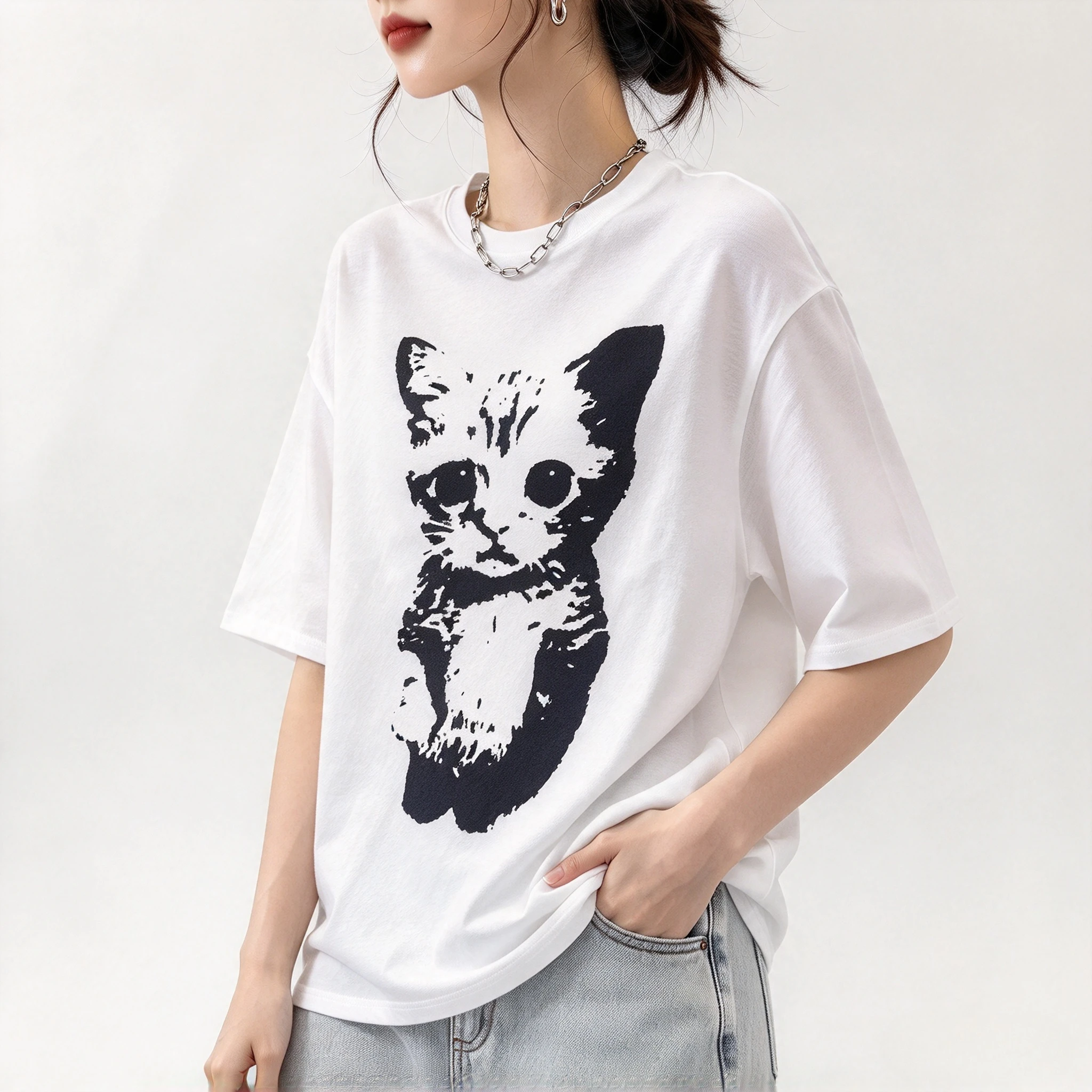 Simple Basic Black White Kitten Cartoon nisex Couple Modal T-shirt  Print Loose Streetwear Casual Short Sleeve Tees Tops