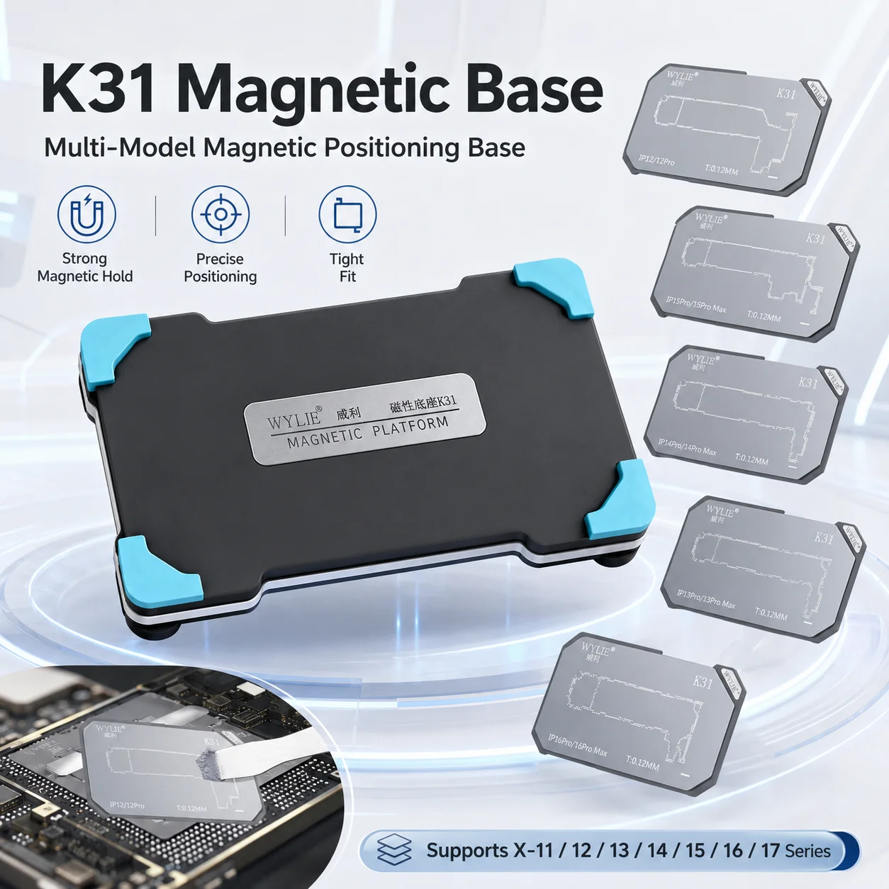 WYLIE WL-K31 Mid-Layer Magnetic Soldering Station for iPhone X-17 Motherboard BGA Reballing Stencil Repair Holder Fixture Plates