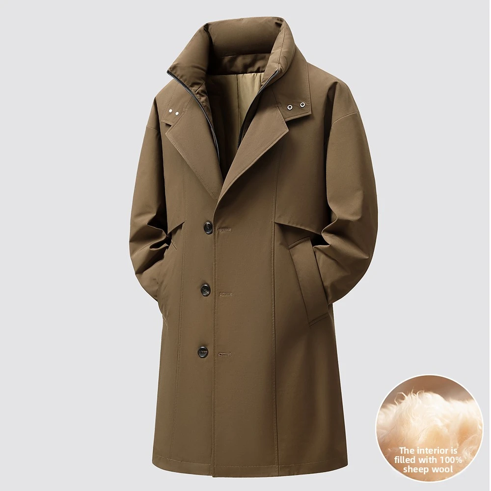 Winter Men 100% Wool Filled Mid‑Long Coat Wind Resistant Water Repellent Single Breasted Business Casual Trench Outerwear