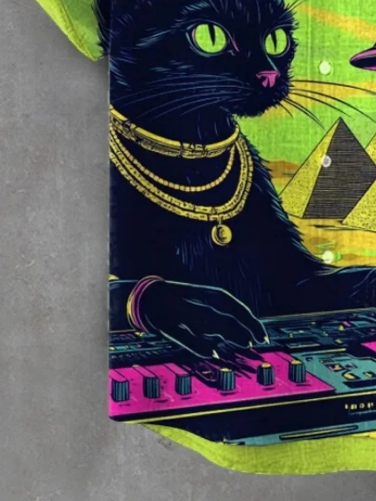 Men's y2k Specially Shirts Vintage Black Cat DJ Playing Music Print Shirt Casual Boho Retro Stand Collar Summer Tops Blouse 2025