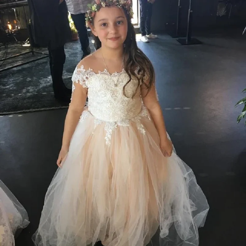 Wedding Flower Girl Dress With Sleeves Lace Tulle Princess Ball Gown For Party Junior Bridesmaid Dresses Sweet Kids Girl Clothes