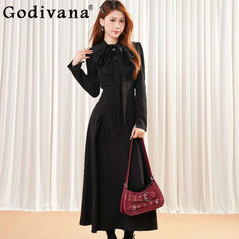 

Готическое длинное платье Лолиты с завязкой на талии для женщин, черное платье с длинными рукавами в стиле Хепберн, осеннее женское милое японское платье