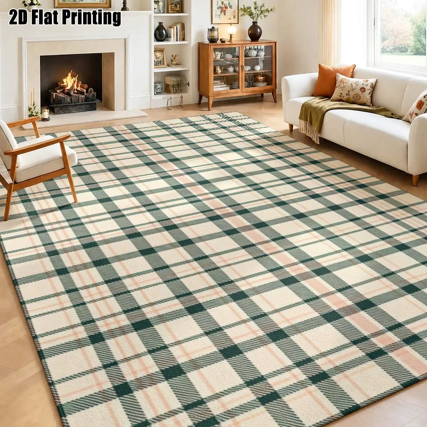 1Pc 2D Printed Checkered Light Pink Moss Green Nordic Carpet, Instagram-Inspired Floor Mat, Multi-Size Machine-Washable Home Decor for Multi-Scene Use