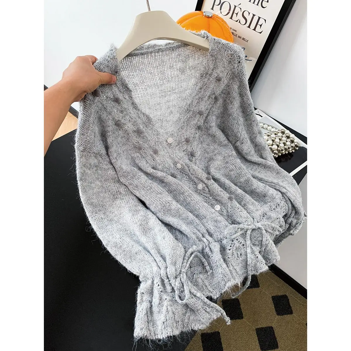 

Женский длинный вязаный свитер V-Ne с вырезами Lazy Sle, свободный крой, осенний утягивающий топ, модная универсальная повседневная одежда