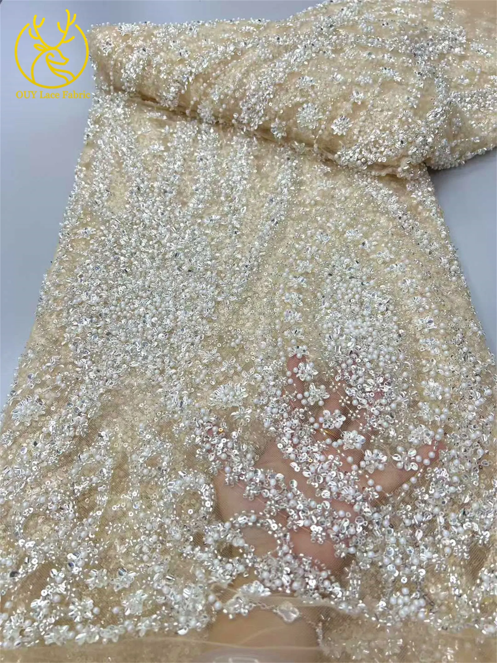 2025年 エレガント アフリカ ナイジェリア ファッション ビーズ レース ハイエンド 高級 フランス スパンコール メッシュ レース 生地 レディース イブニングドレス パーティー 5Y