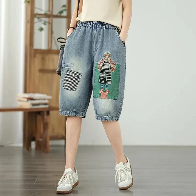 

Oversized Jeans Summer Knee Pants Women Print Embroidery Fashion Loose Ladies Trousers Elastic Waist Woman Knee Pants