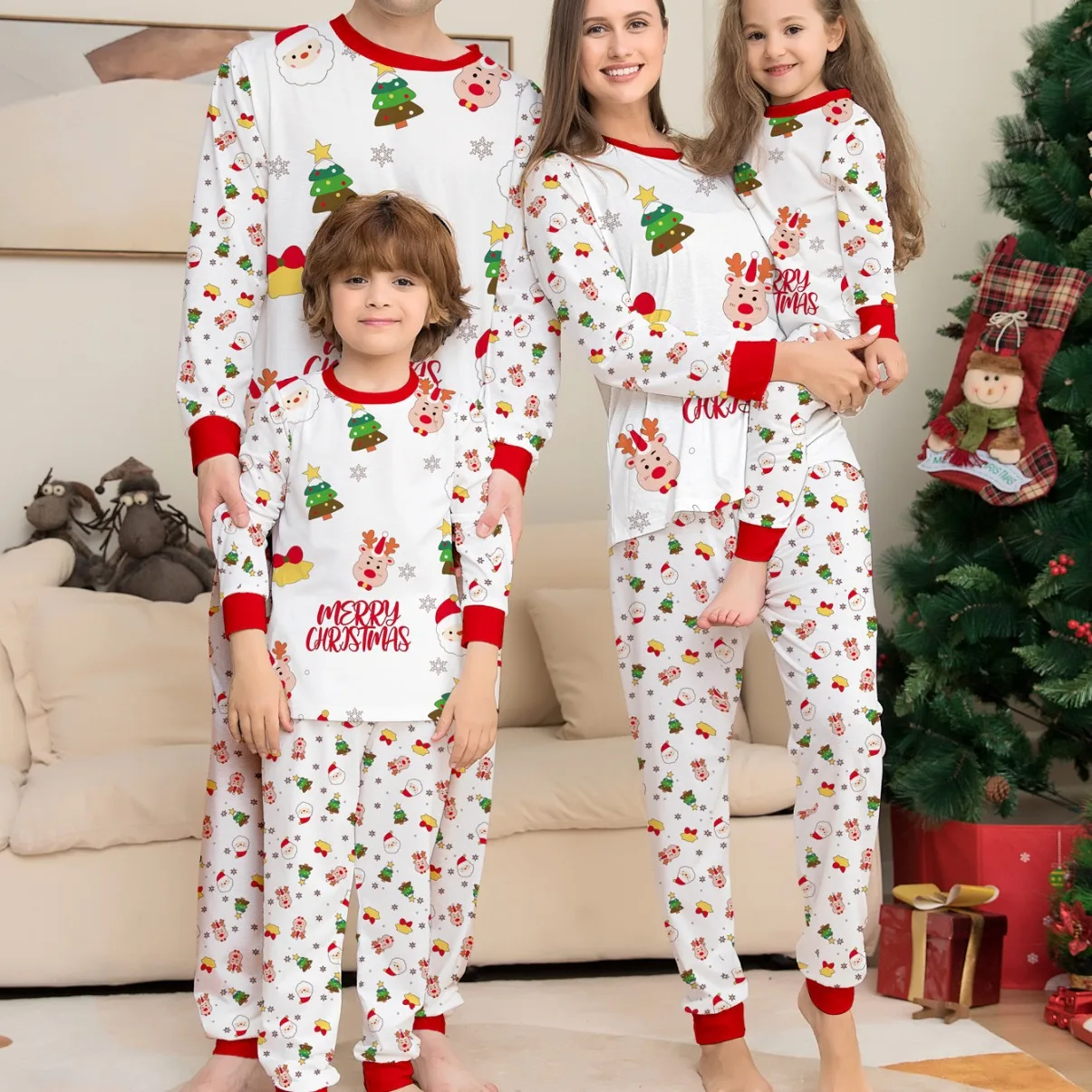 New Christmas cartoon pajamas Christmas tree print set home and family outfits for the whole family