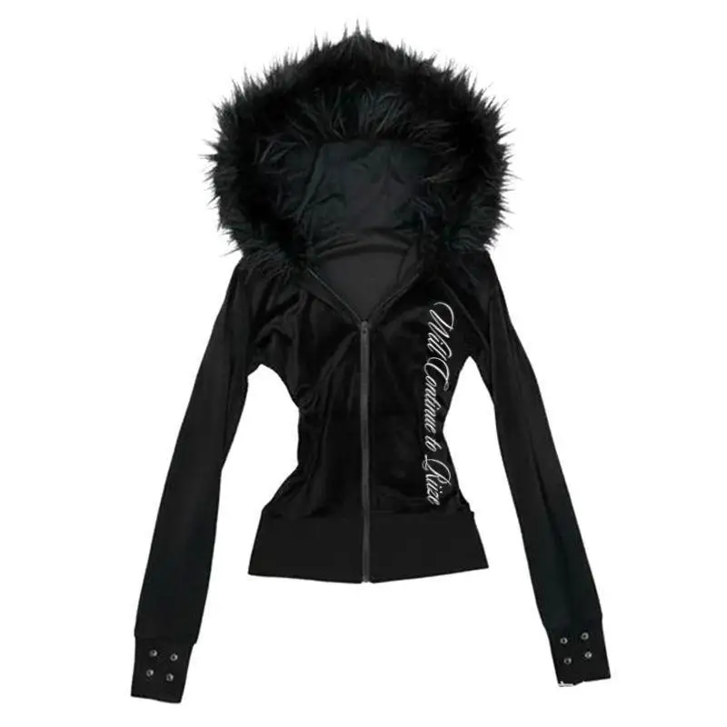 Hoodie Coat Women Punk Hooded Sweatshirt Fur Collar Jacket Zipper Pockets Female Streetwear Vintage Outerwear Spring 2026 - view 6