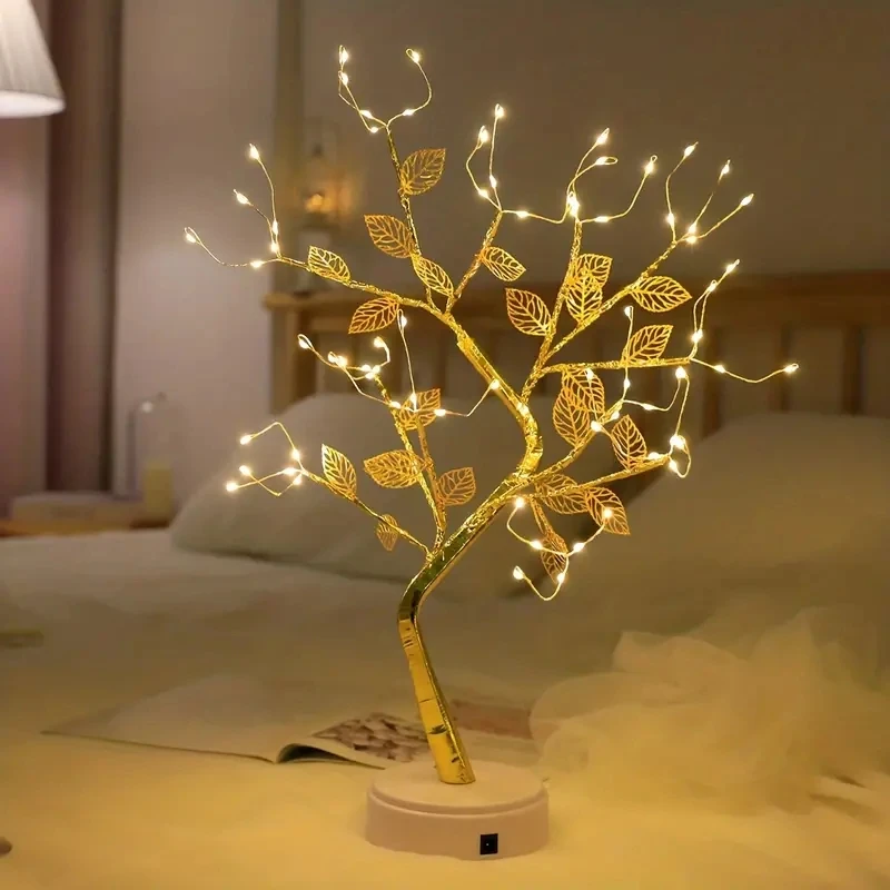 1PC Golden Leaf Led Touch Copper Wire Night Light Tree Light Battery Box USB Christmas Decoration Light String