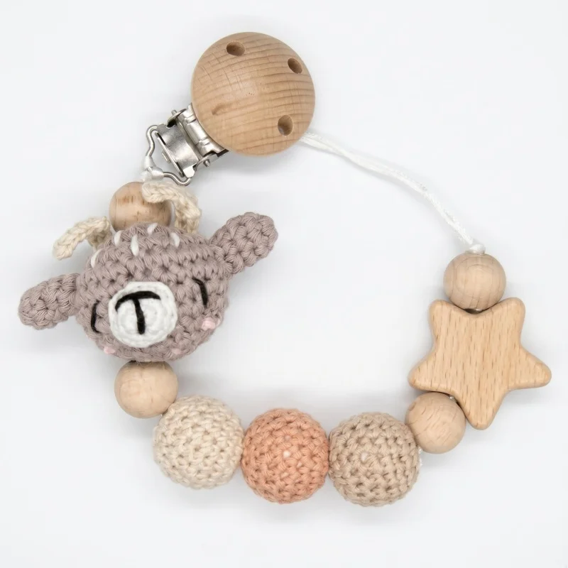 Personalized Baby Pacifier Clip Crochet Bear Wooden Star Teether Holder Custom Name Baby Shower Gift BPA Free Handmade Chain image 6