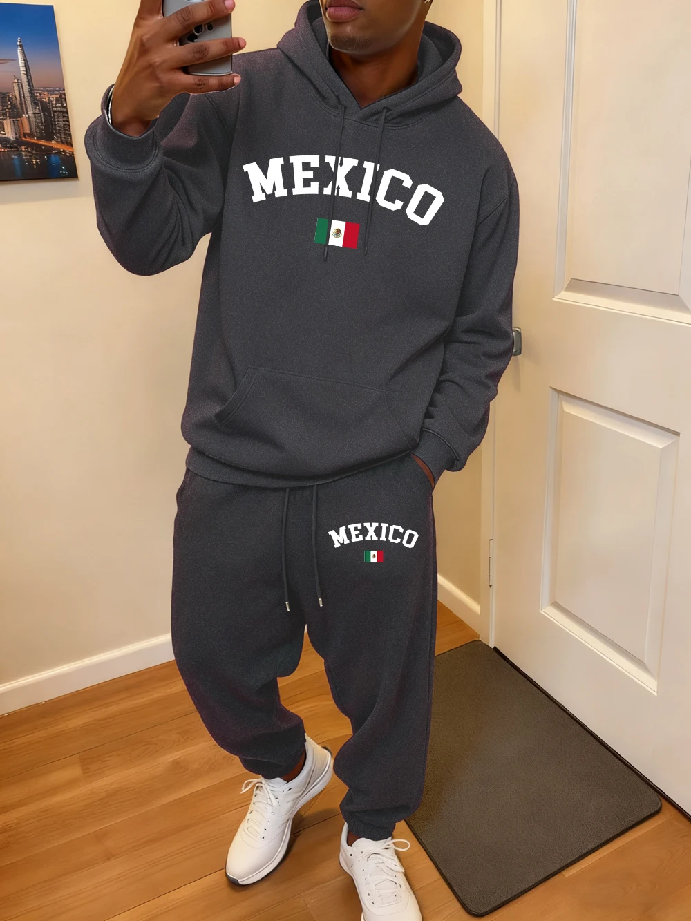 2 قطعة هوديس مجموعة رجل المكسيك العلم الطباعة Sweatpants الشتاء الصوف الدافئة جيب بلوزات سراويل للجري ملابس فضفاضة رياضية