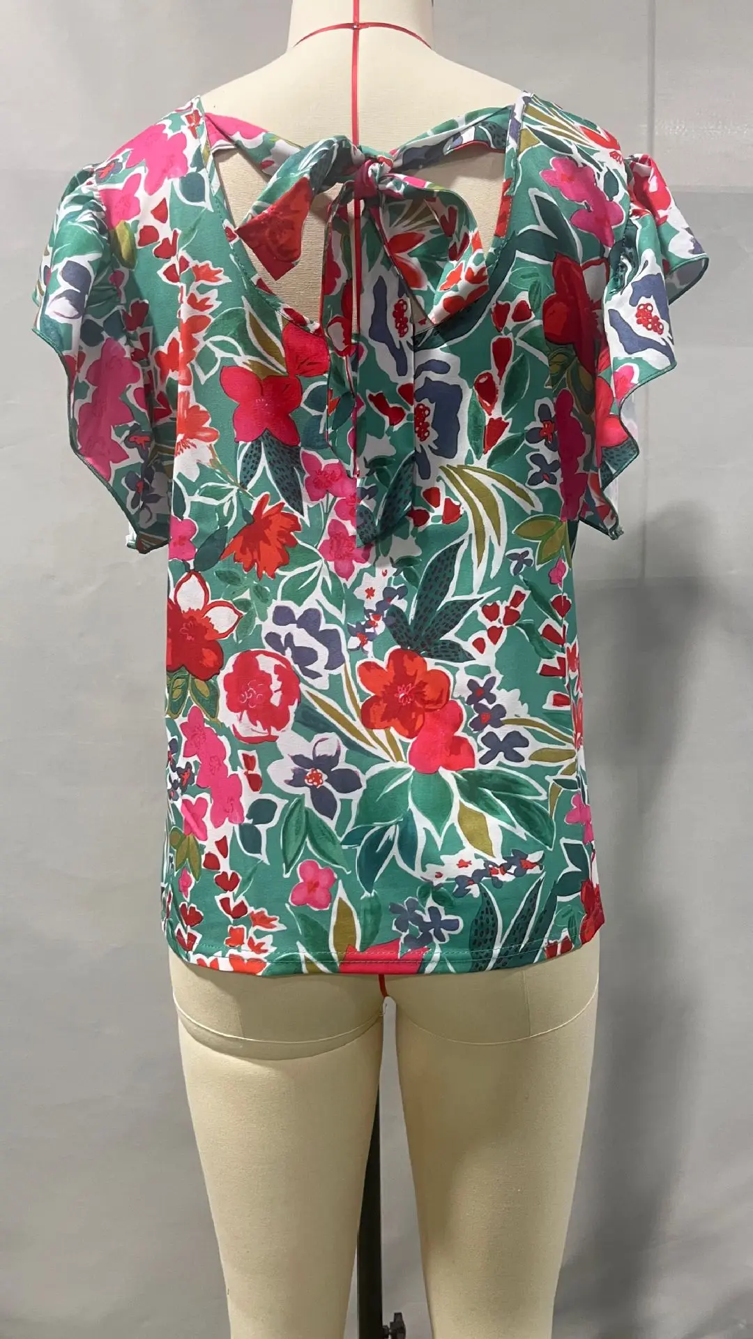 2024 Summer Cross Border New Lotus Leaf Sleeve Printed Top With Bow Design Comfortable, Casual And Fresh T-shirt