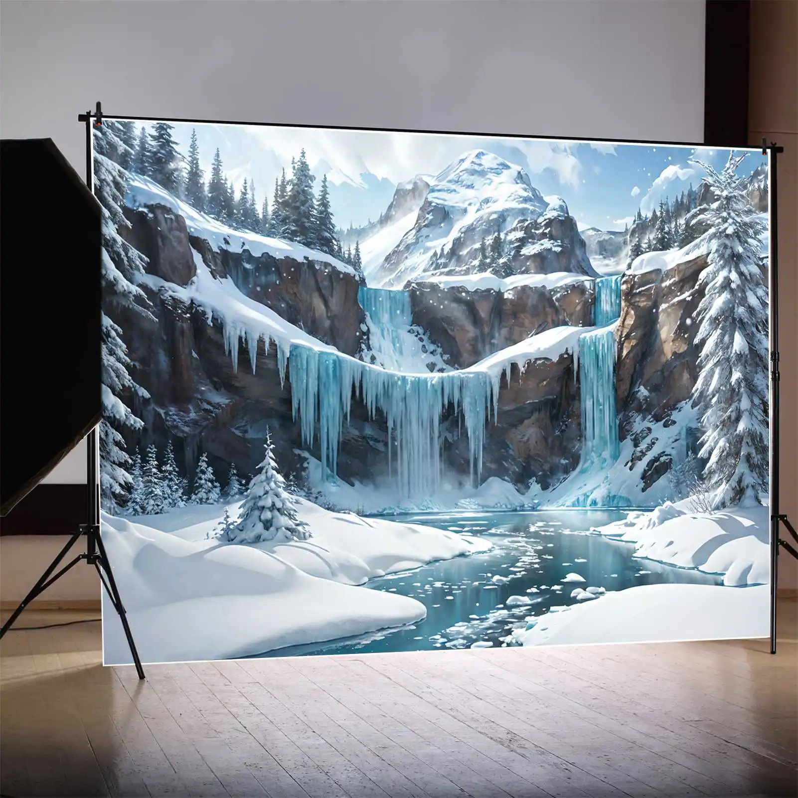 Zimowe tło fotografii zamarzniętego wodospadu Bluey Snow Mountains spersonalizowane tło zdjęcie dziecka stoiska fotograficznego