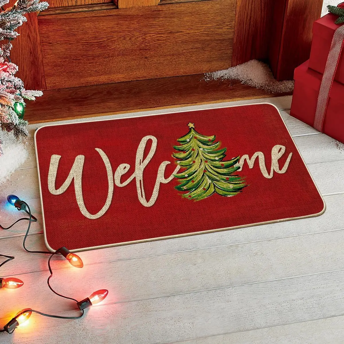 Artoid Mode Red Xmas Tree Christmas Welcome Doormat, Winter Home Decor Low-Profile Switch Rug Door Mat Floor Mat for Indoor Outd