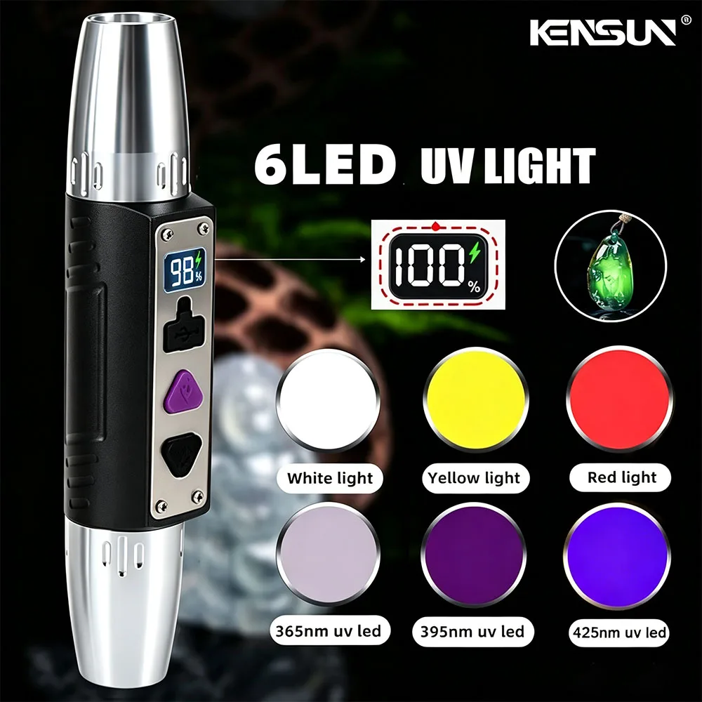 6-in-1 White Yellow Red UV 365nm/395nm/425nm LED LCD Flashlight USB Charging Jewelry Jade Stone Pet Stains Marker Ore Money Scor