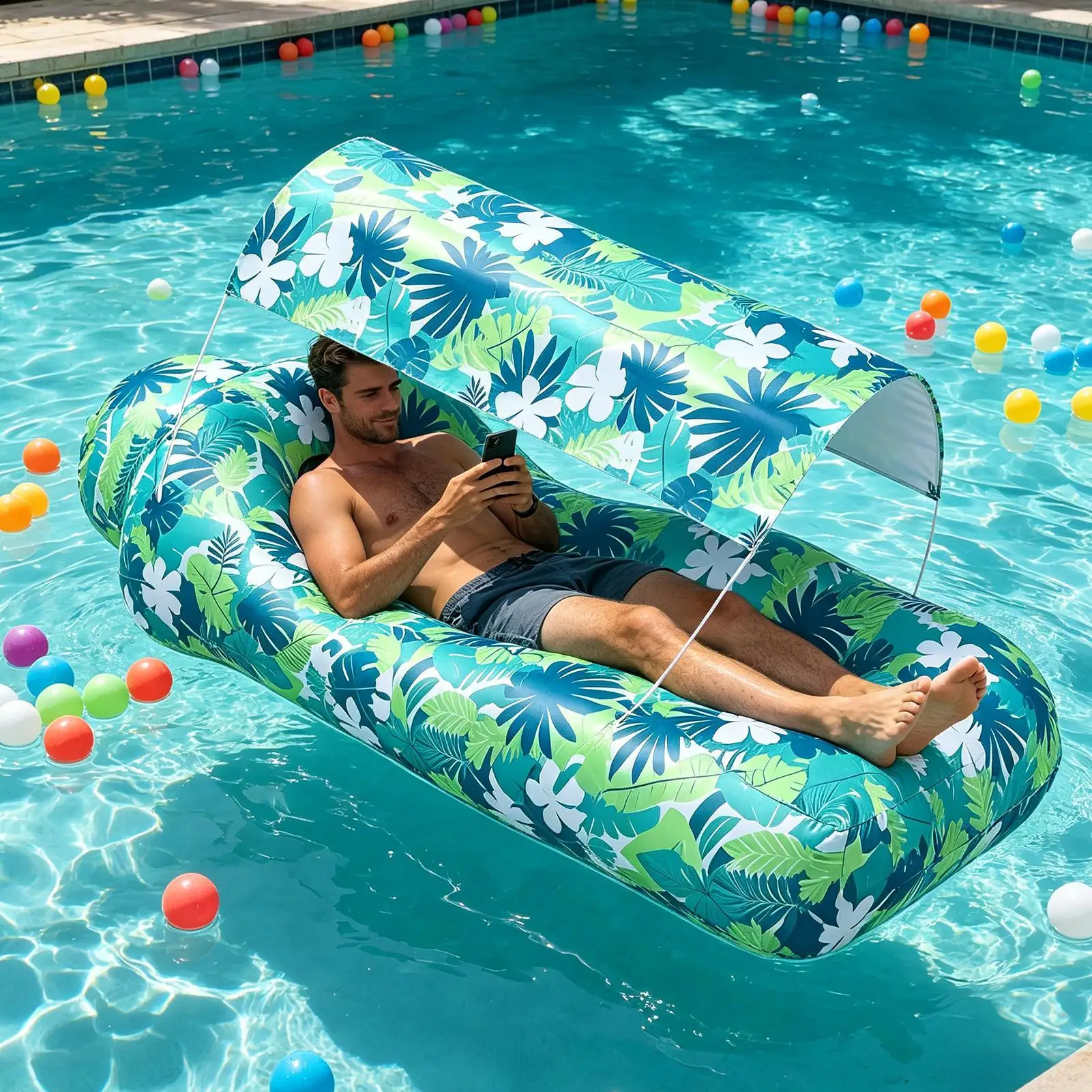 Inflatable Beach Lounger Camping Air Sofa With Sun Shade No-Pump Blow Up Couch For Outdoor Camping Hiking Picnic Vacation