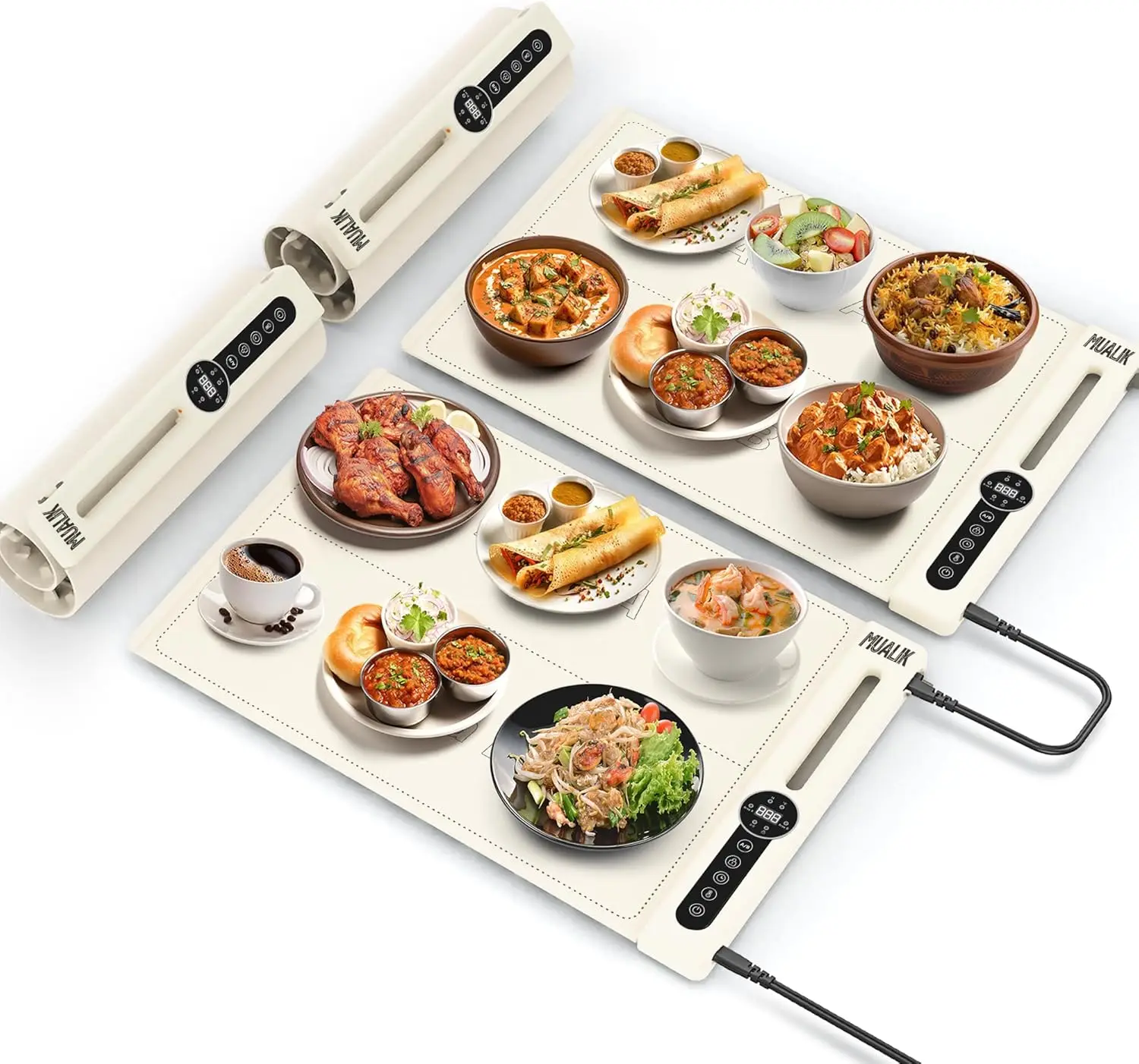 

Fast Heating Silicone Warming Mats, 7-Level Temperature Control, 2-Zone Expandable Tray with Timer (Beige-2 Pack)