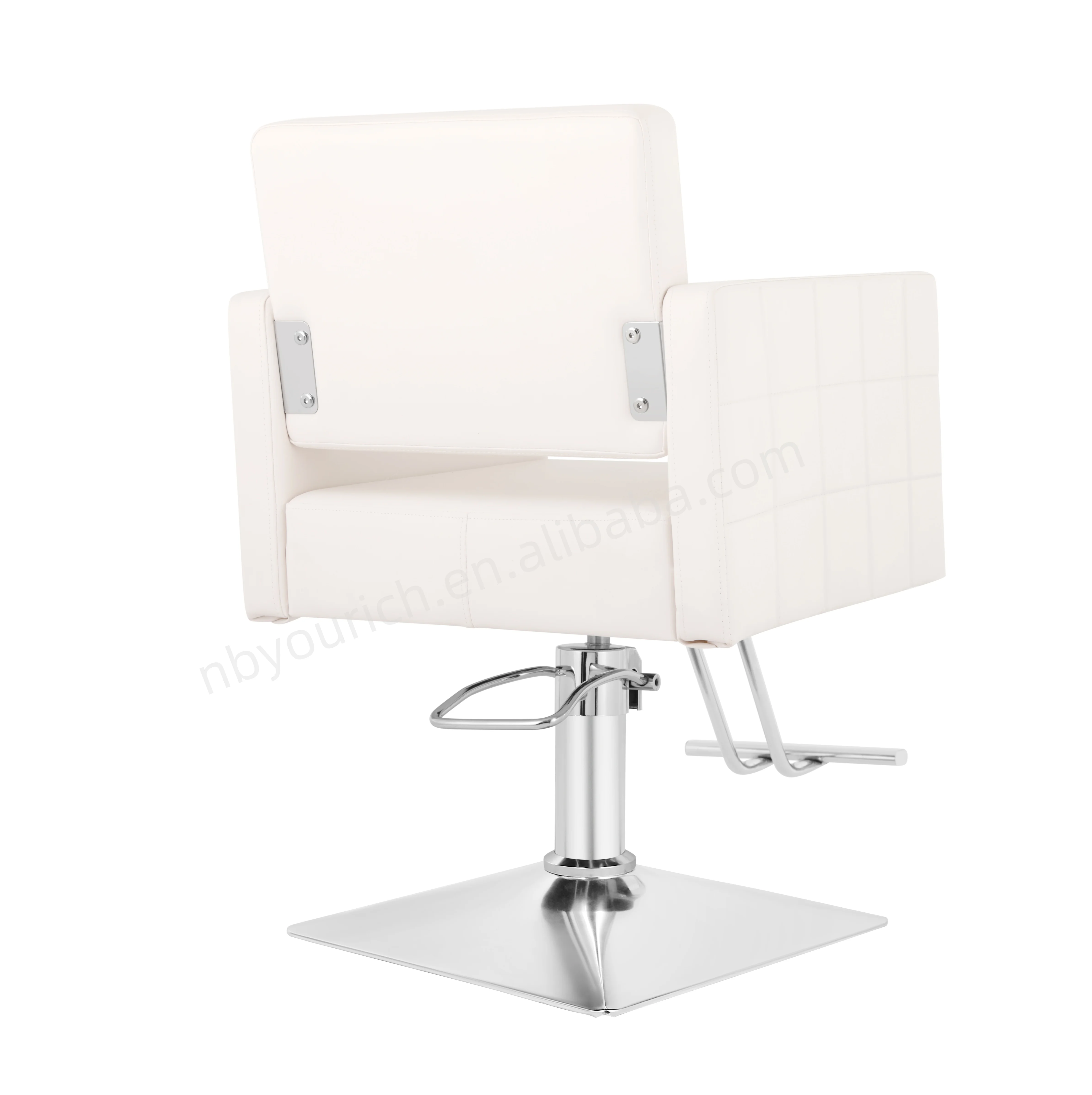 Weißer Damen-Styling-Friseurstuhl mit quadratischer Basis, Salonstuhl, moderne Salonmöbel