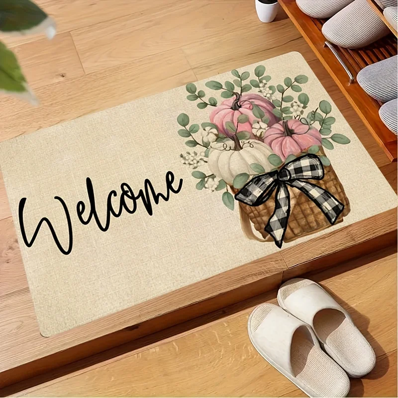Vintage Fall Entry Rug Neutral Linen Background Pumpkin Eucalyptus Black Gingham Bow Printed Welcome Doormat for Home Porch