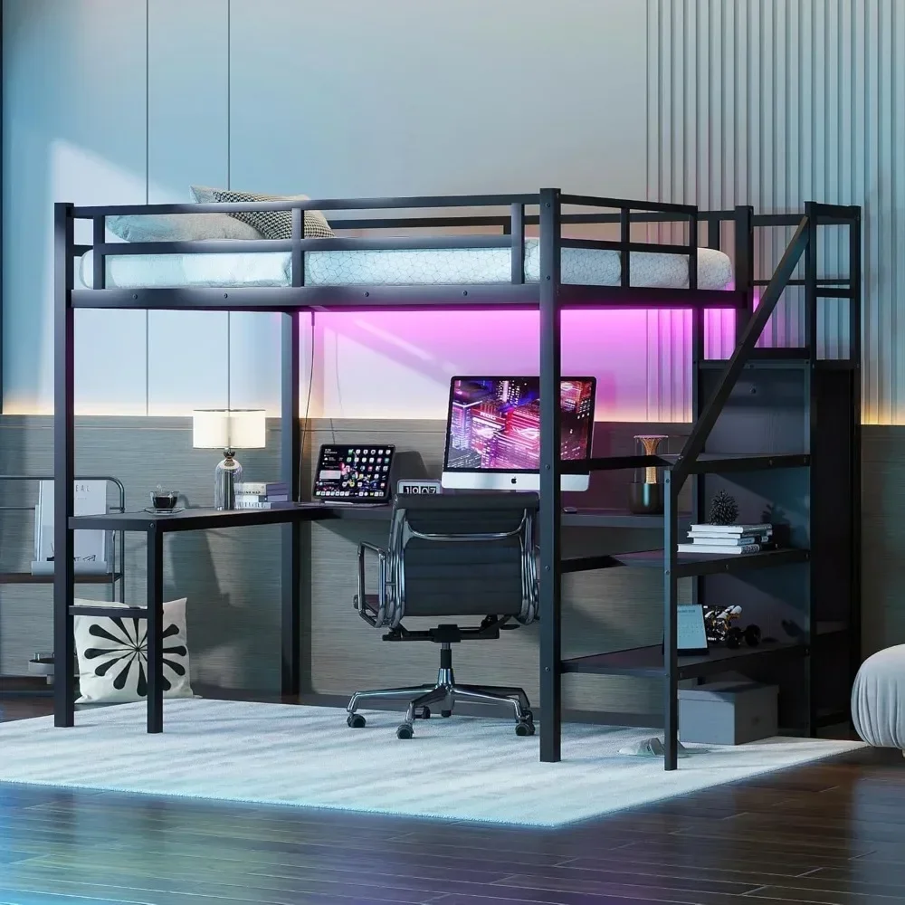 Full Size Loft Bed with Stairs and Desk, Metal Gaming Loft Bed with RGB LED Light, Heavy-duty Steel Loft Bed Frame with Storage