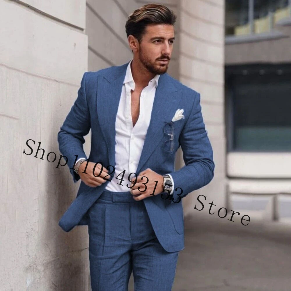 2023 New Fashion Linen Male Suits Slim Fit Casual Peak Lapel 2 Pieces Best Men Groom Wedding Party Suits Costume Homme Mariage