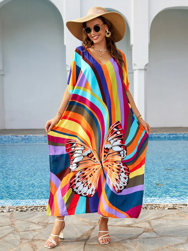 

Beach Cover Ups for Women Butterfly Kaftans Maxi Dresses Swimwear 2023 Holiday Bathing Suits Outfits Dropshipping