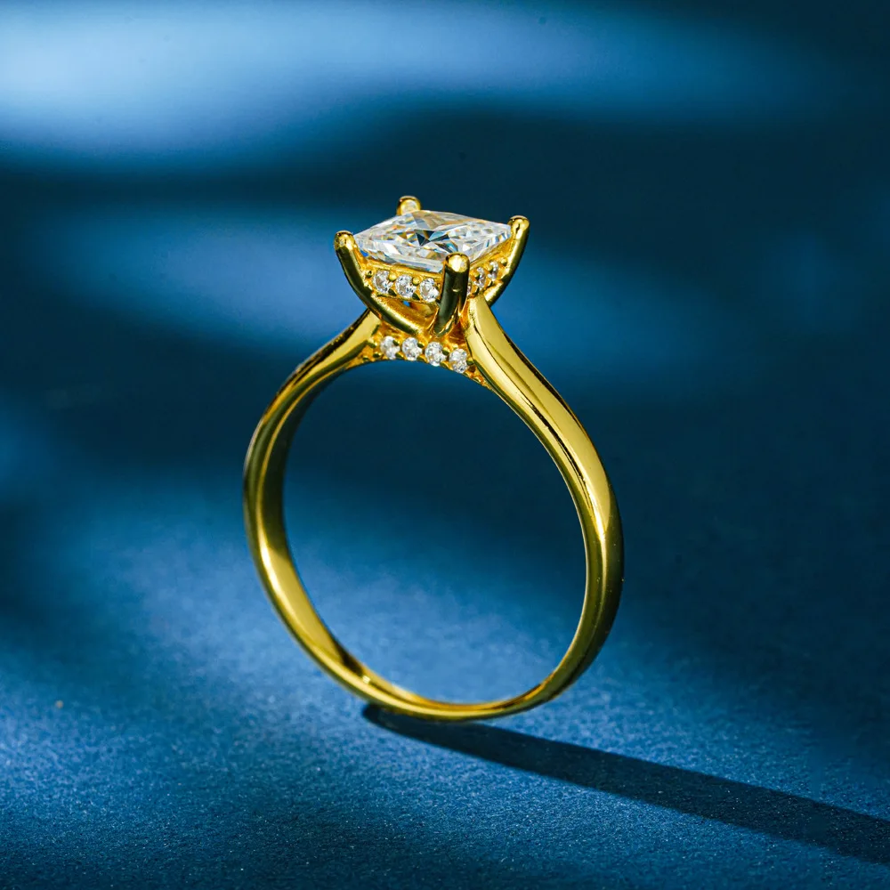 925 Sterling Silver 1.2CT Princess Cut Moissanite Ring Gold Plated Solitaire Engagement Promise Band for Women Fine Jewelry