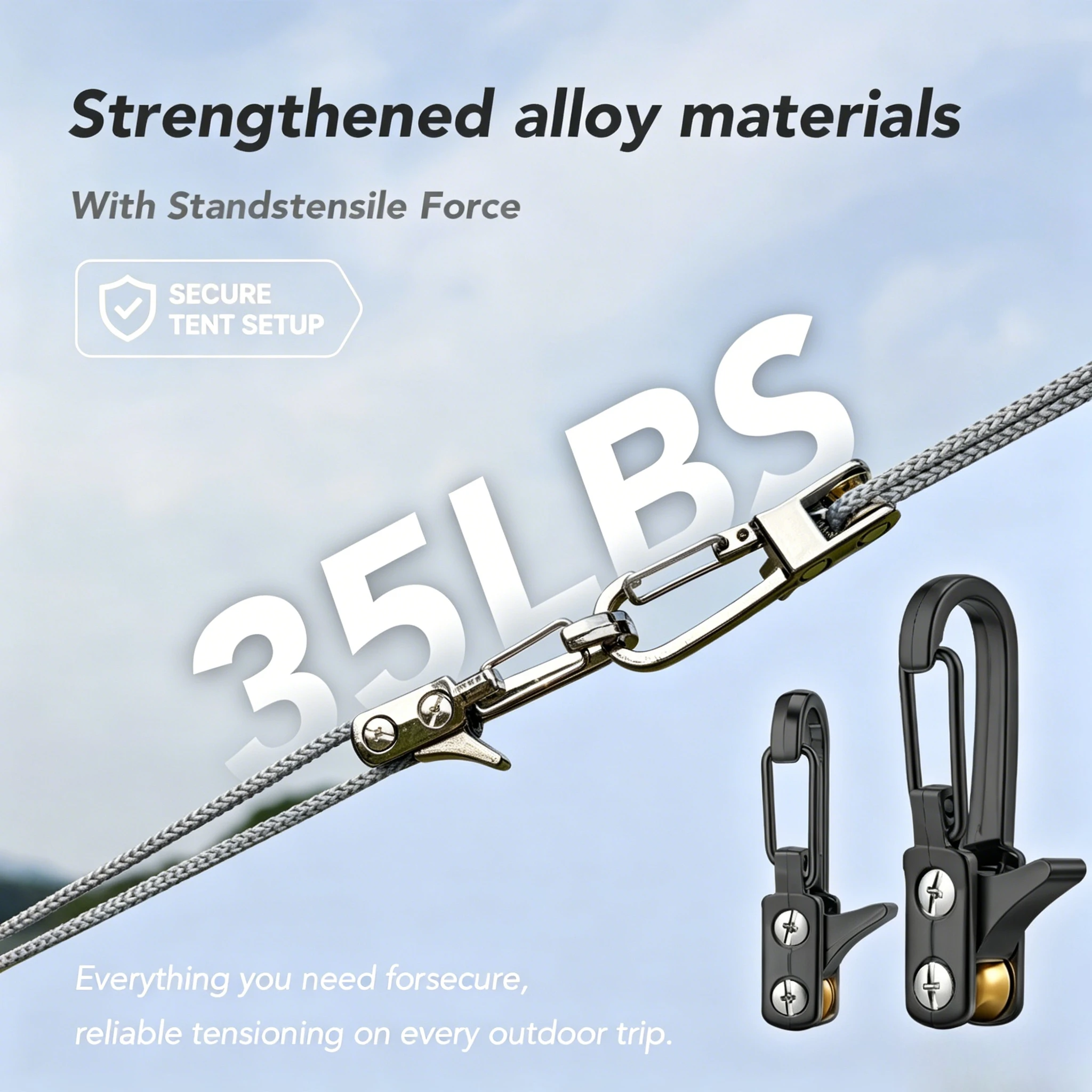 Rope set with roller tensioner, metal pulley camping tent securing rope,equipped with safety lock,adjustable rope hook fastener