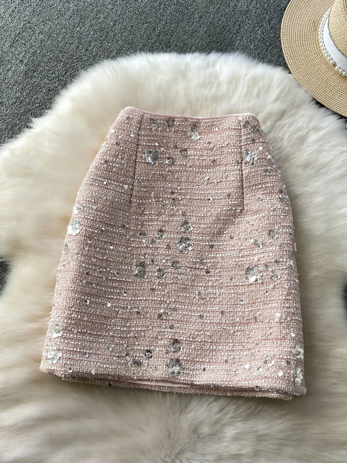   白いスパンコールの豪華な装飾が施されたスカート レディース ファッション 秋冬 ハイウエスト スリム ツイード スカート