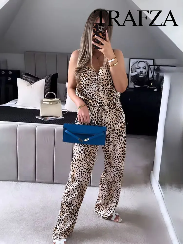 TRAFZA Women New Fashion Leopard Print Pant Suit Casual Crop Asymmetrical Belt Decorate Tops+Chic Drawstring Slim Wide Leg Pants