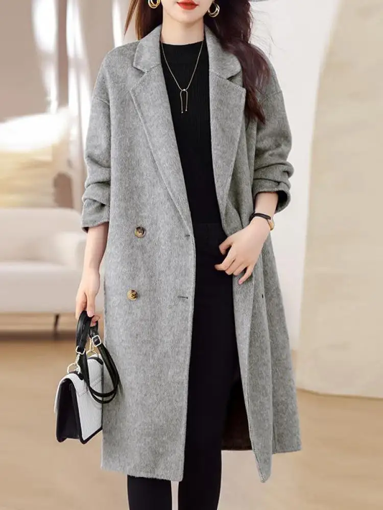 

Autumn Winter Black White Woolen Coat Women's 2024 Long Sleeve Coat Fashion New Grey Brown Double Breasted Medium Length Jackets