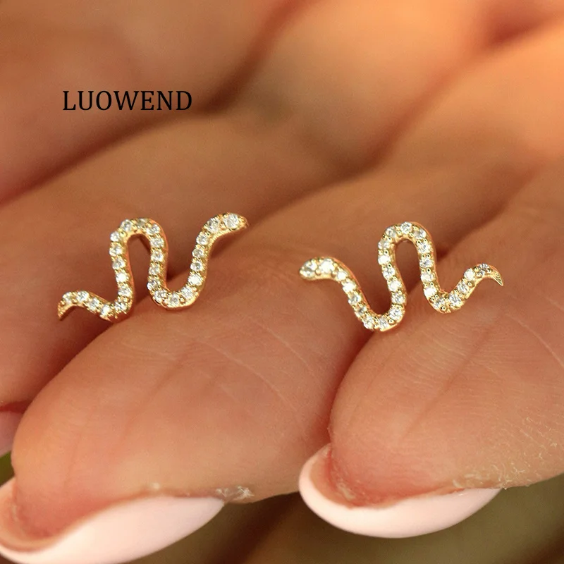 LUOWEND 100% 18K White/Yellow Gold Earrings Women Elegant Snake Shape Real Natural Diamond Stud Earrings High Party Jewelry