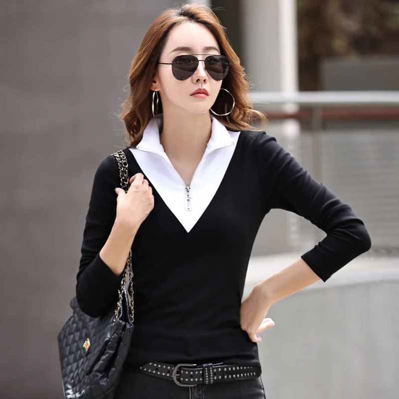 Fake Two-Piece Zippered Stand Up Collar Bottom Shirt Women\'s Spring Autumn New Slim T-Shirt Lapel Casual  Long Sleeved Top