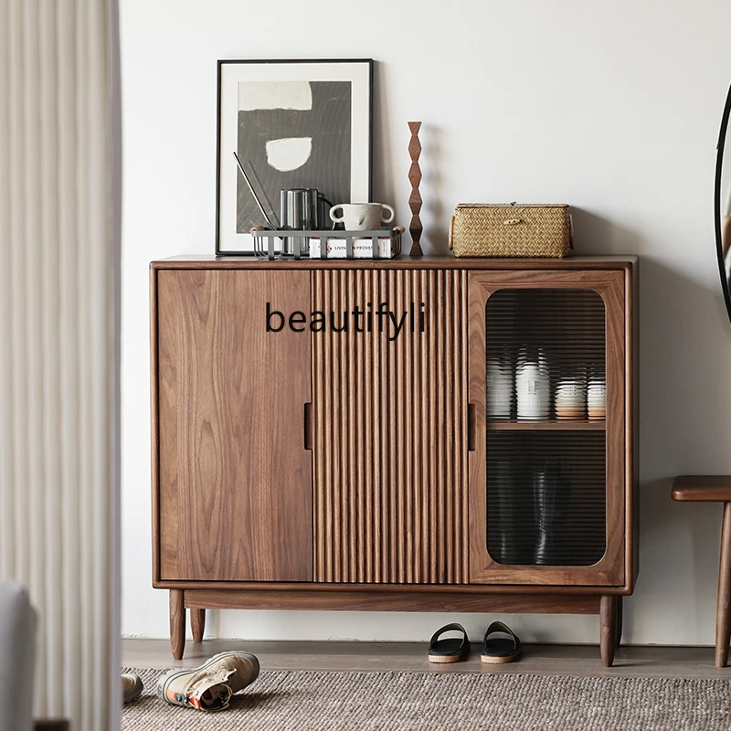 

Nordic Solid Wood Shoe Cabinet Home Large Capacity Doorway Storage Cabinet Black Walnut Wood Hallway Cabinet