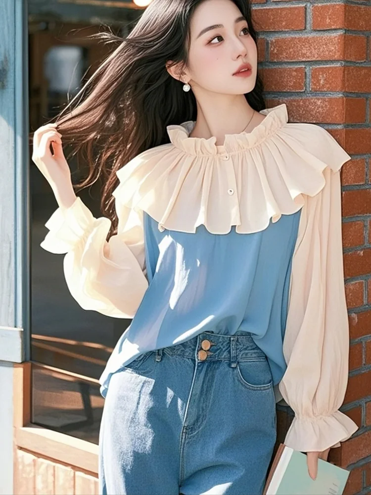 Chiffon Damen Blusen Rüschen Koreanische Shirts MODE Lose Frühling/Sommer Vintage Kleidung Patchwork Langarm Frauen Tops