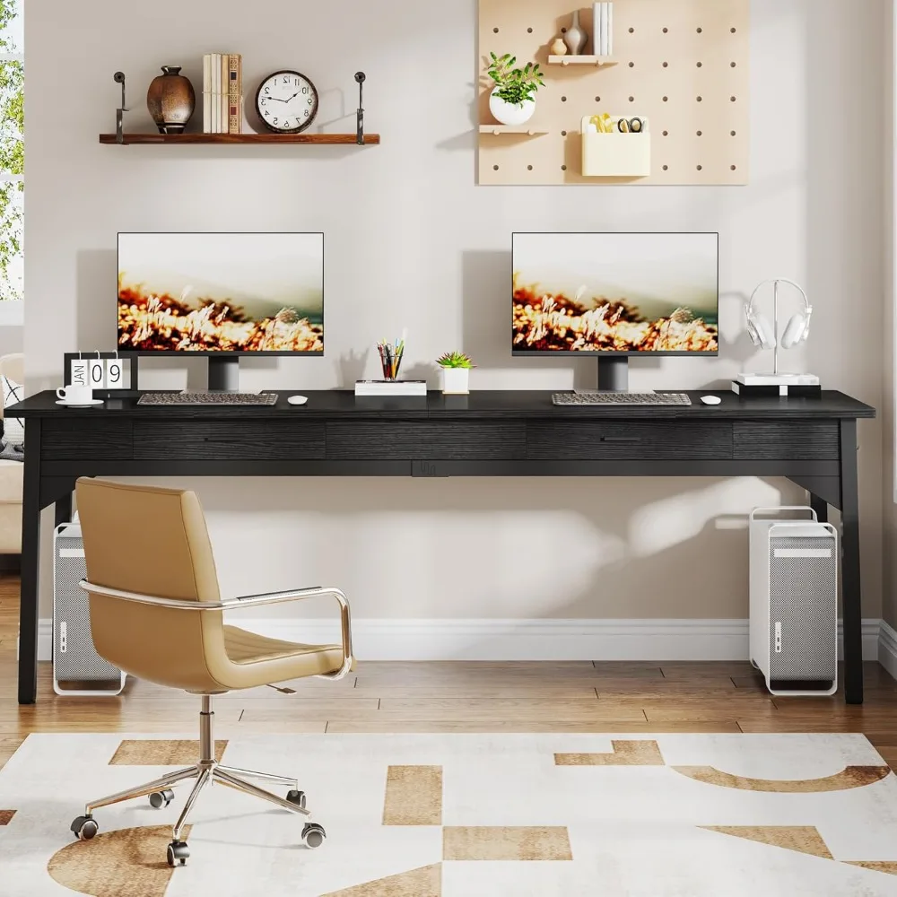 مكتب تنفيذي مزدوج ممتد مقاس 78.7 بوصة مع أدراج تخزين، أسود